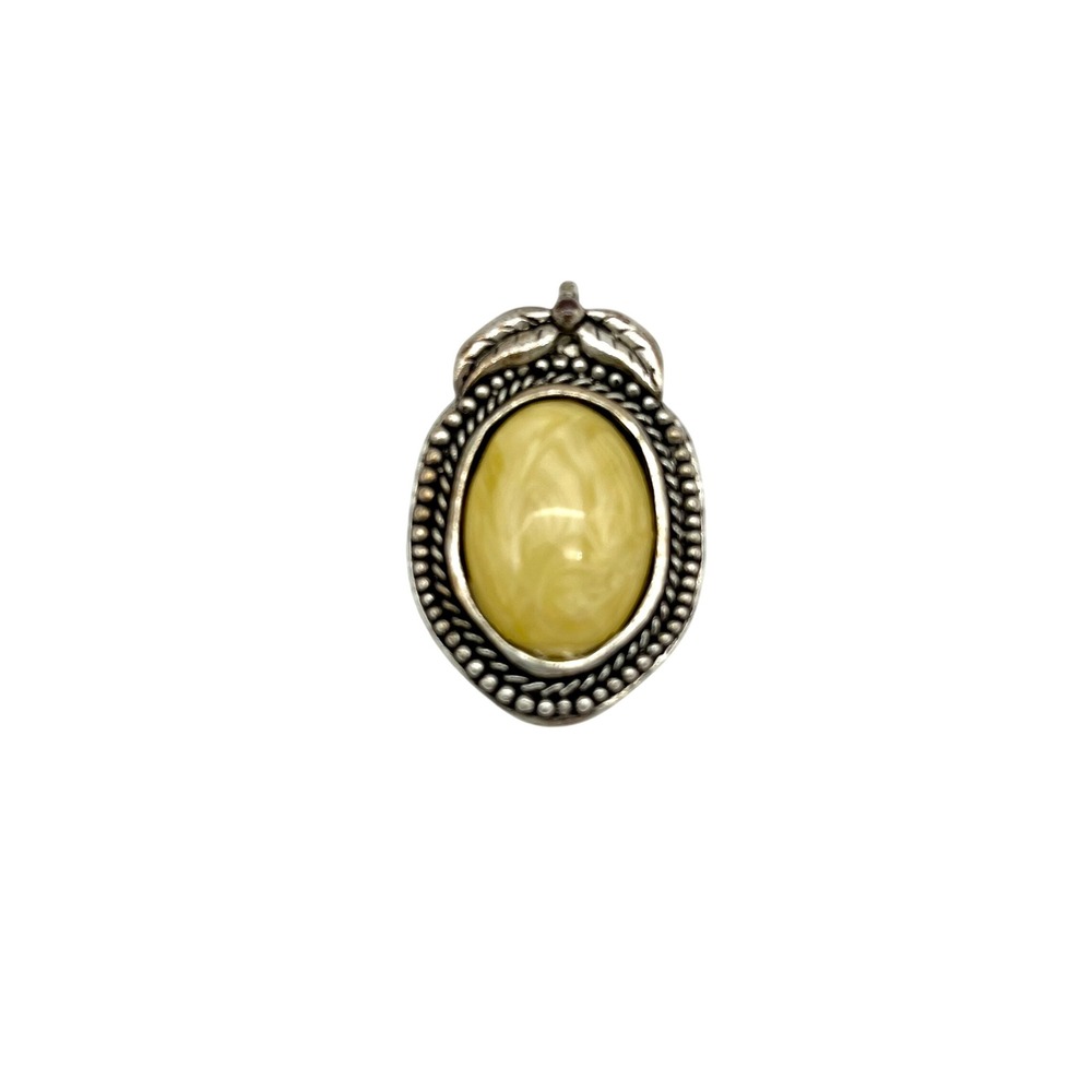Vintage Faux Stone Pendant‎ Silver Tone Beaded Edge Oval Charm